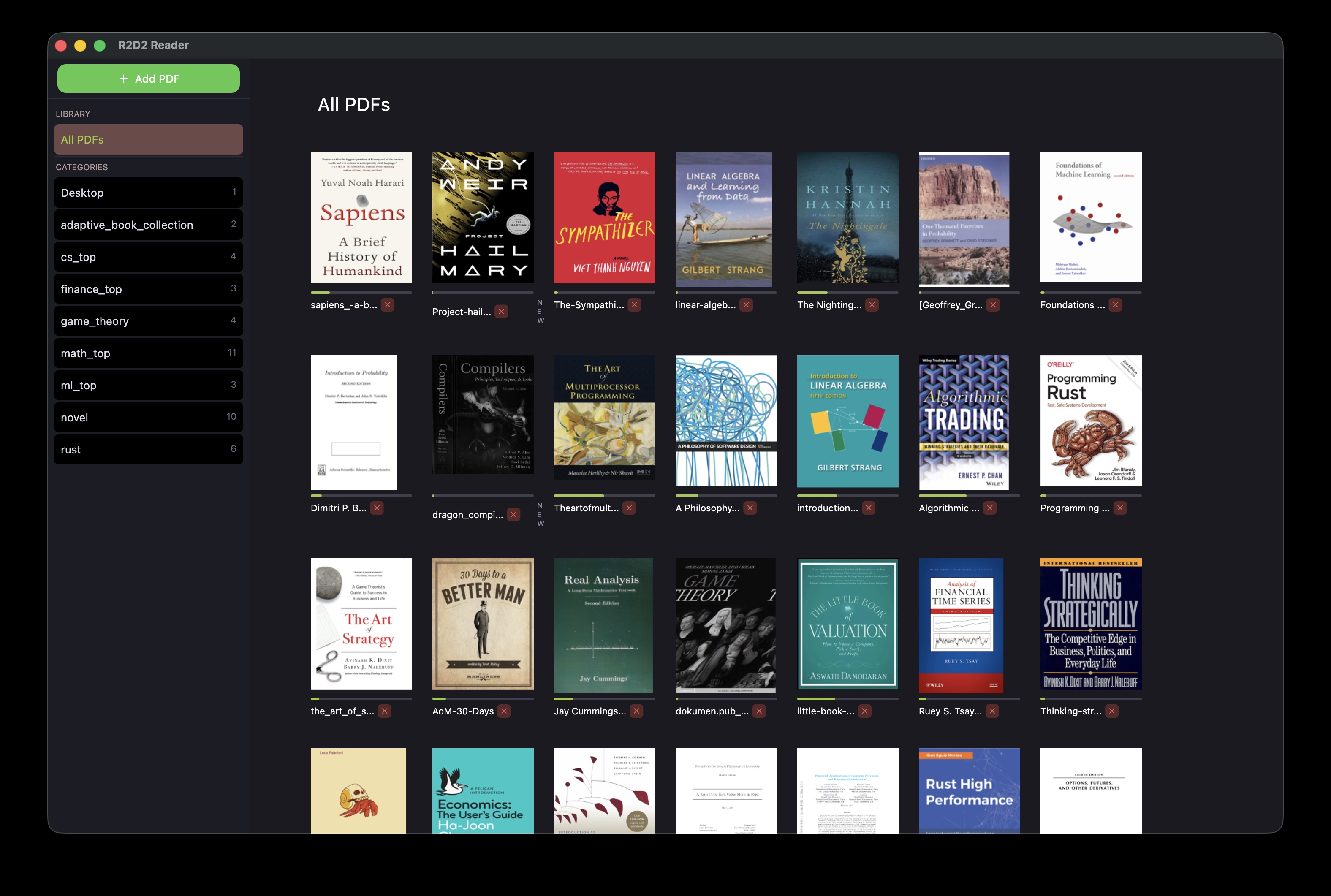 R2D2 Reader library on Mac — a grid of colourful book covers